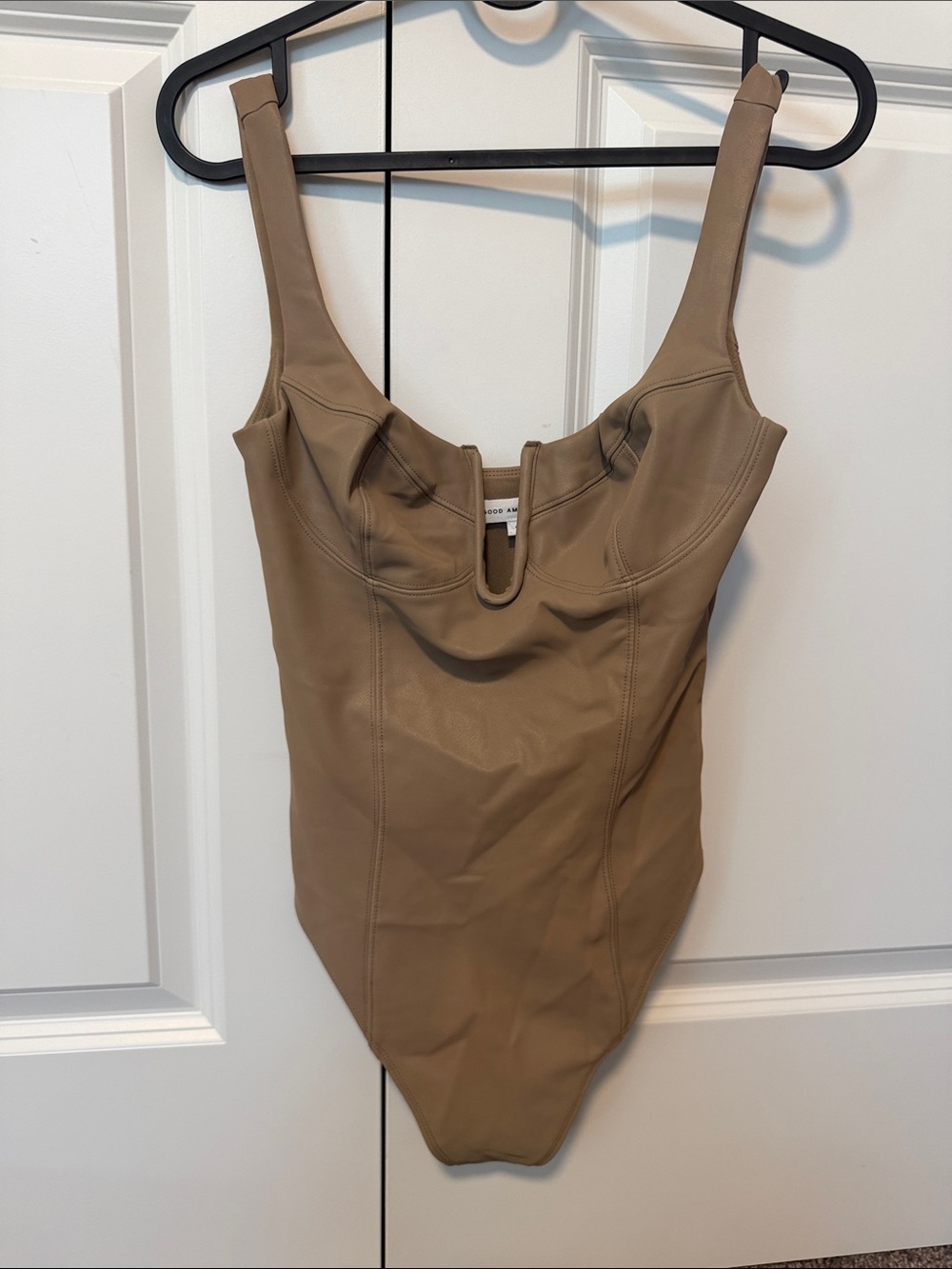 Good American Faux Leather Bodysuit in Taupe